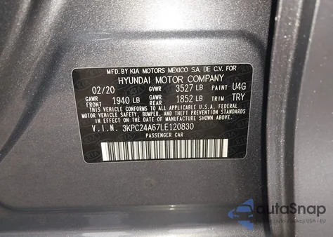 2020 Hyundai Accent Se z USA, uszkodzony, nr VIN 3KPC24A67LE120830